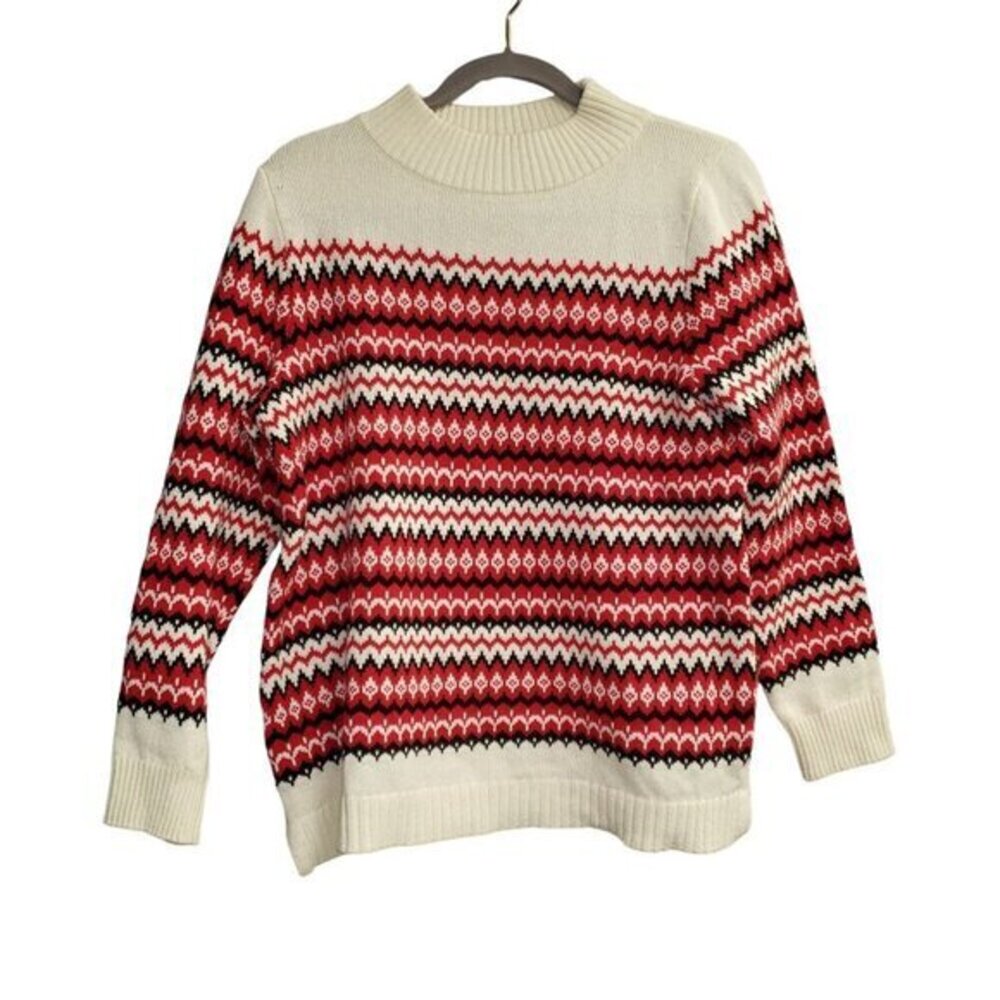 Talbots Wool Blend Fair Isle Ribbed Sweater Womens Size LP Red Black Ivory Pre-O